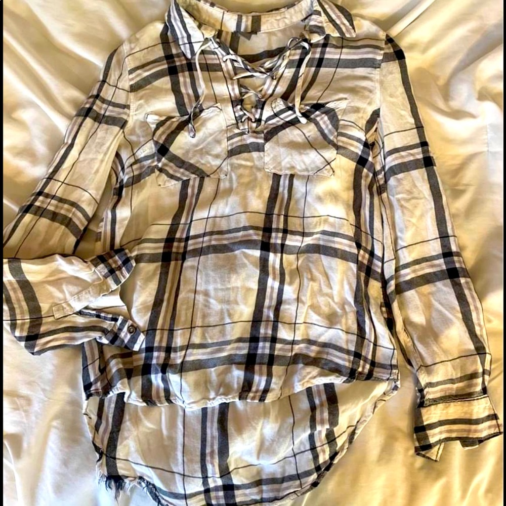 Plaid Lace Up Blouse